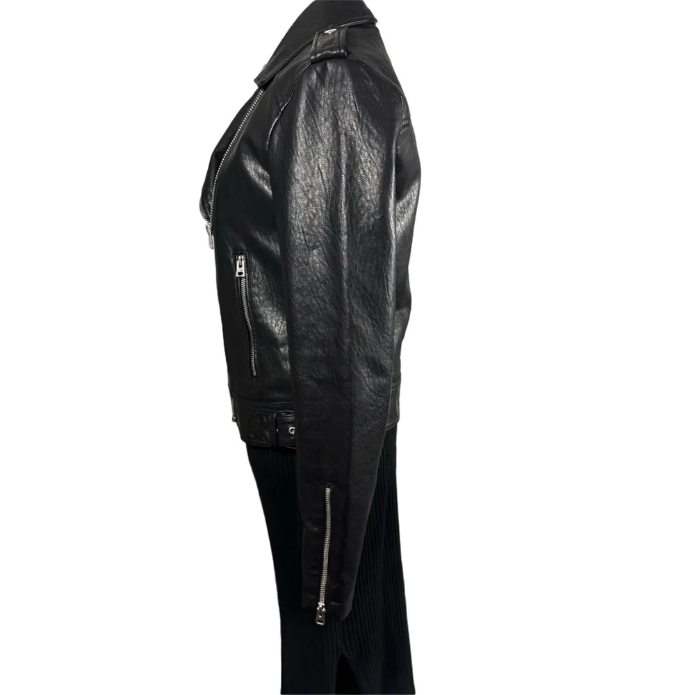 Size 6 Topshop Black Faux Leather classic Moto Jacket pockets Zippers Unisex - Picture 6 of 12